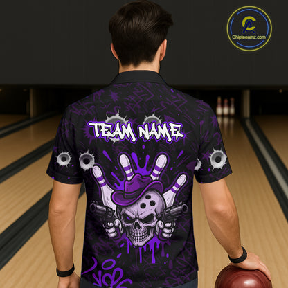 Man wearing black and purple funny cowboy skull bowling Hawaiian shirt featuring cowboy skull artwork, back view.