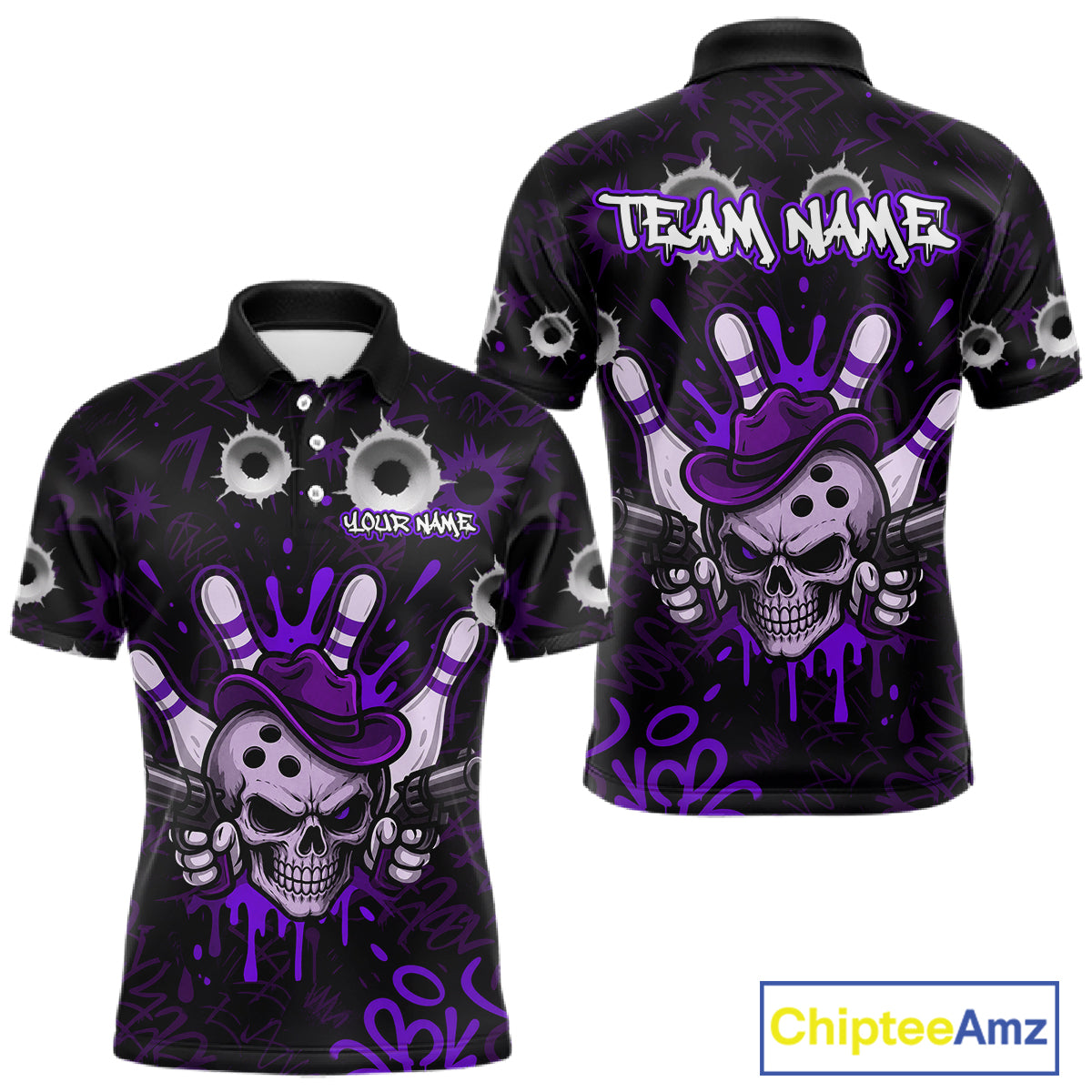 Black and purple funny cowboy skull bowling team jersey polo shirt for men featuring a cowboy skull bowling design, premium custom bowling league apparel for tournaments and team play.