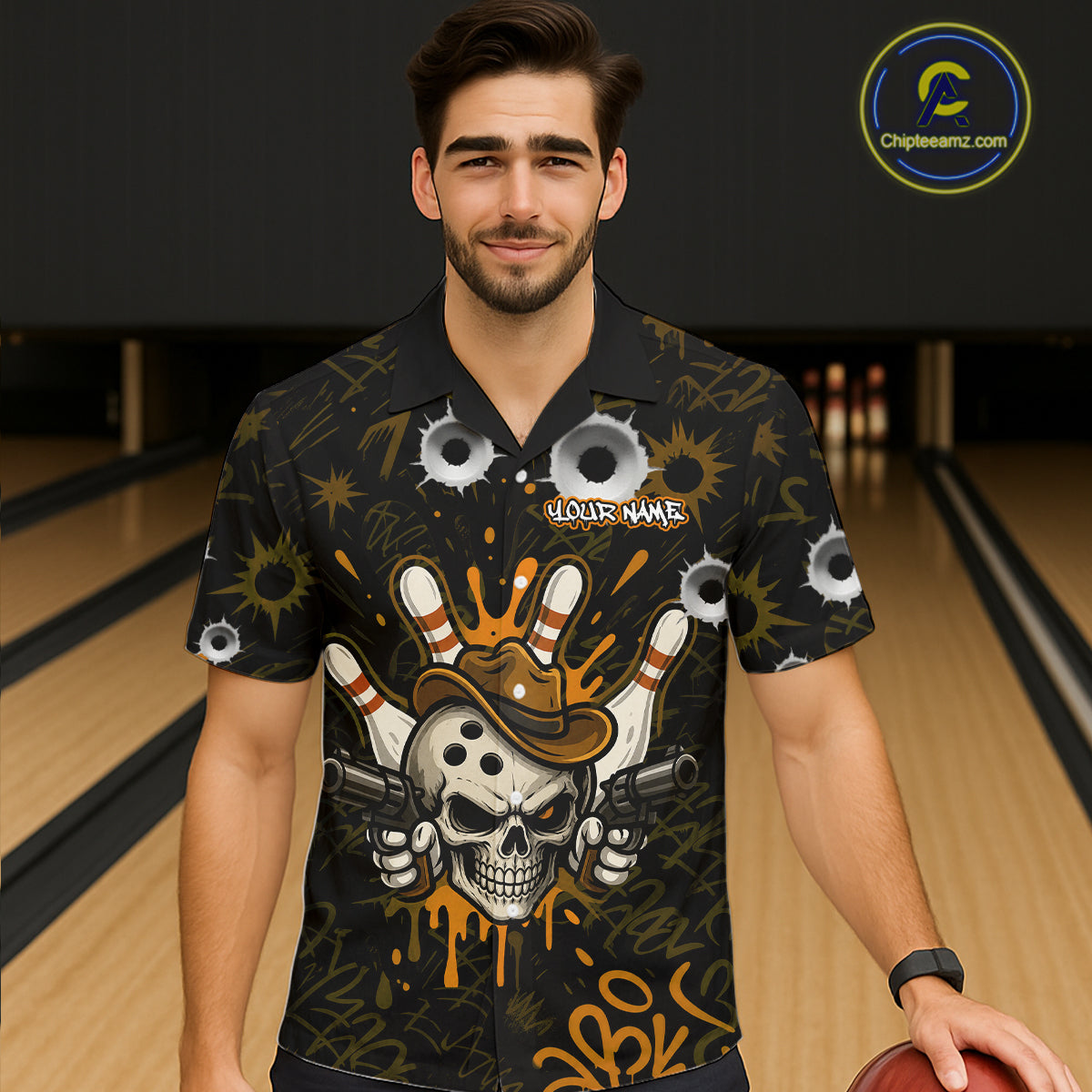 Man wearing black and orange funny cowboy skull bowling Hawaiian shirt featuring cowboy skull artwork, front view.