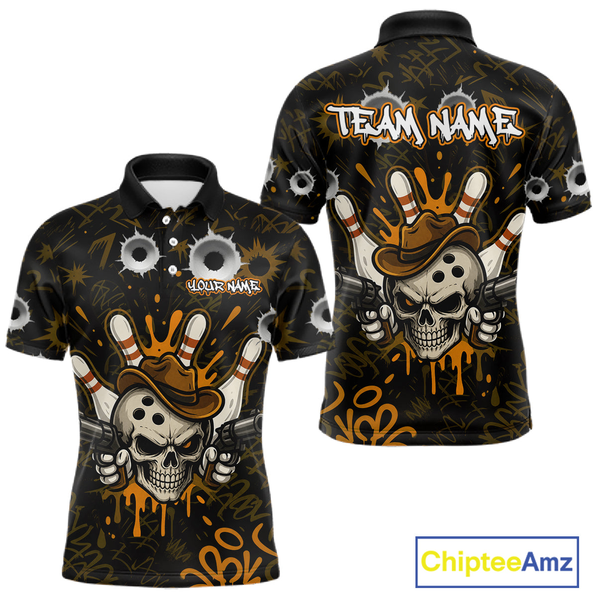 Black and orange funny cowboy skull bowling team jersey polo shirt for men featuring a cowboy skull bowling design, premium custom bowling league apparel for tournaments and team play.