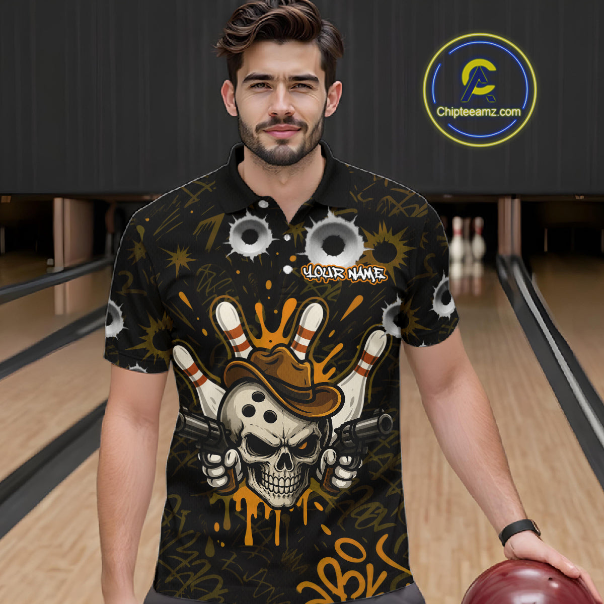 Man wearing black and orange funny cowboy skull bowling team jersey polo shirt featuring cowboy skull artwork, front view.