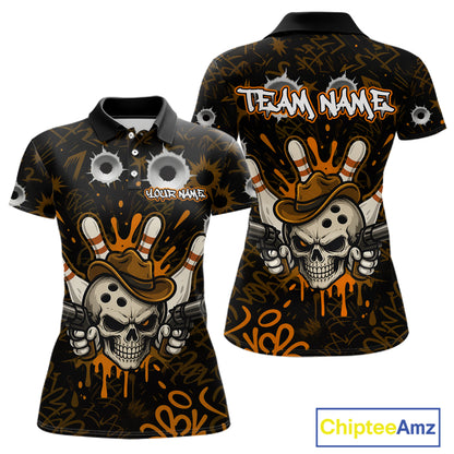 Black and orange funny cowboy skull bowling team jersey polo shirt for women featuring a cowboy skull bowling design, premium custom bowling league apparel for tournaments and team play.