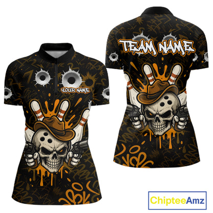 Black and orange funny cowboy skull bowling team jersey quarter zip shirt for women featuring bold cowboy skull bowling artwork, premium custom bowling league apparel.