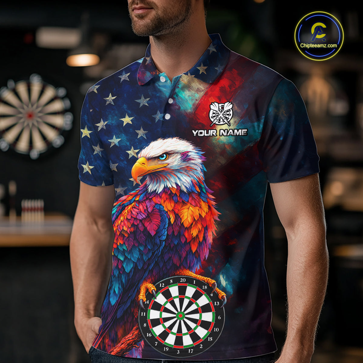 Personalized Eagle Colorful Darts Shirts For Men Custom American Flag Patriotic Darts Team Jersey TDM7619