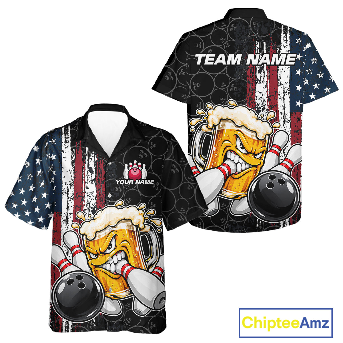 Vintage American Flag Funny Beer Bowling Hawaiian Shirt Custom Patriotic Bowling Team Button Up Jersey TDM7963