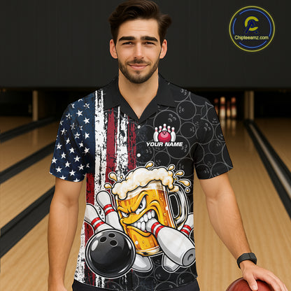 Vintage American Flag Funny Beer Bowling Hawaiian Shirt Custom Patriotic Bowling Team Button Up Jersey TDM7963