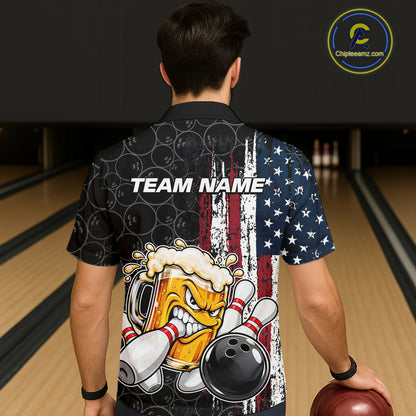Vintage American Flag Funny Beer Bowling Hawaiian Shirt Custom Patriotic Bowling Team Button Up Jersey TDM7963