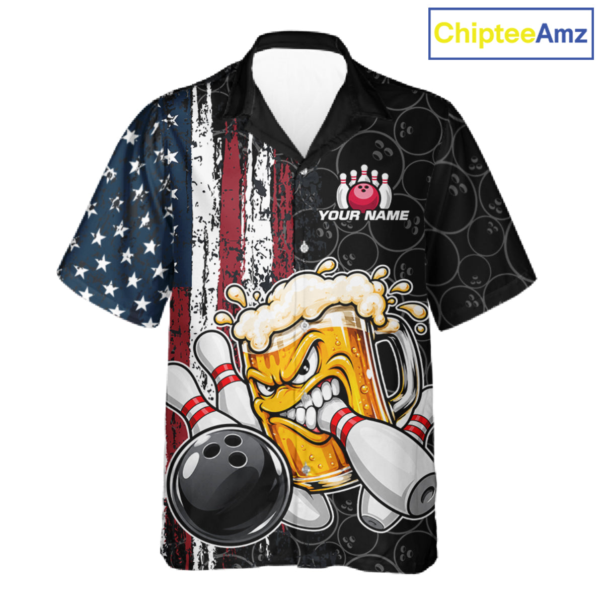 Vintage American Flag Funny Beer Bowling Hawaiian Shirt Custom Patriotic Bowling Team Button Up Jersey TDM7963