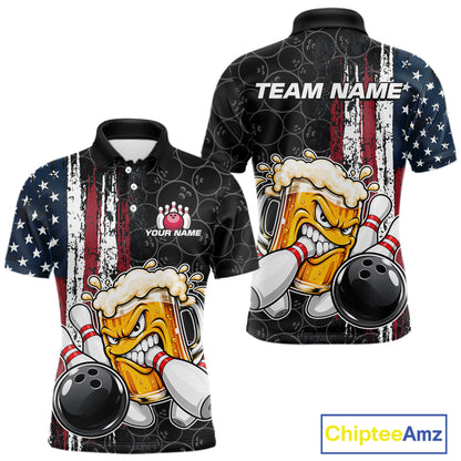 Vintage American Flag Funny Beer Bowling Shirts For Men Custom Patriotic Bowling Team Jersey TDM7963