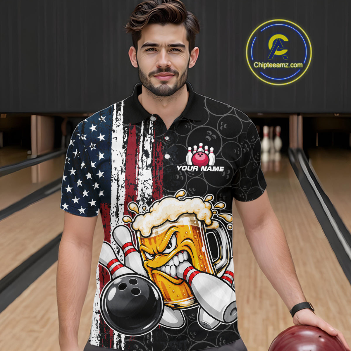Vintage American Flag Funny Beer Bowling Shirts For Men Custom Patriotic Bowling Team Jersey TDM7963