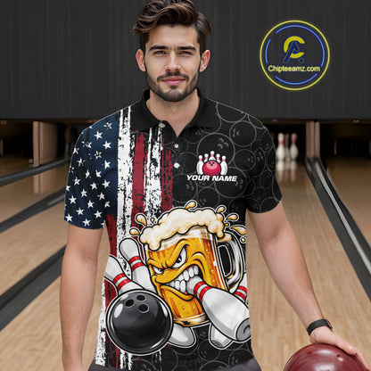 Vintage American Flag Funny Beer Bowling Shirts For Men Custom Patriotic Bowling Team Jersey TDM7963