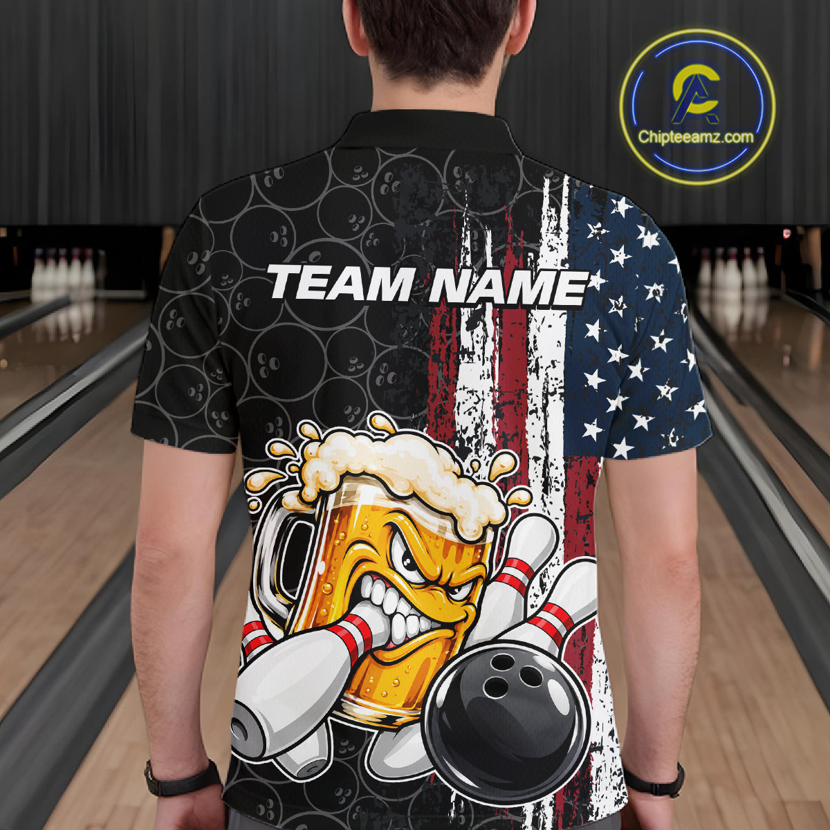 Vintage American Flag Funny Beer Bowling Shirts For Men Custom Patriotic Bowling Team Jersey TDM7963