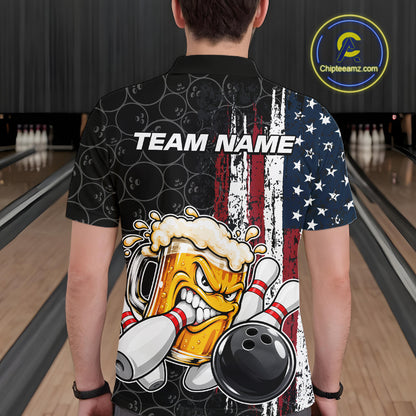 Vintage American Flag Funny Beer Bowling Shirts For Men Custom Patriotic Bowling Team Jersey TDM7963