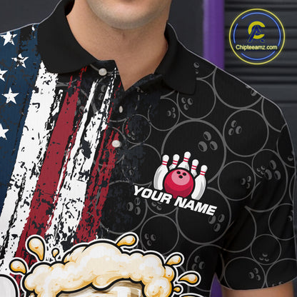 Vintage American Flag Funny Beer Bowling Shirts For Men Custom Patriotic Bowling Team Jersey TDM7963