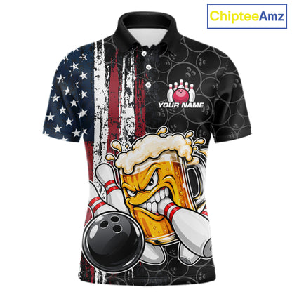 Vintage American Flag Funny Beer Bowling Shirts For Men Custom Patriotic Bowling Team Jersey TDM7963
