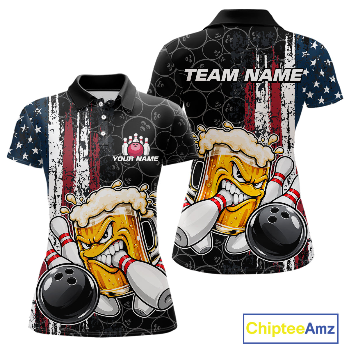 Vintage American Flag Funny Beer Bowling Shirts For Women Custom Patriotic Bowling Team Jersey TDM7963