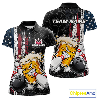 Vintage American Flag Funny Beer Bowling Shirts For Women Custom Patriotic Bowling Team Jersey TDM7963