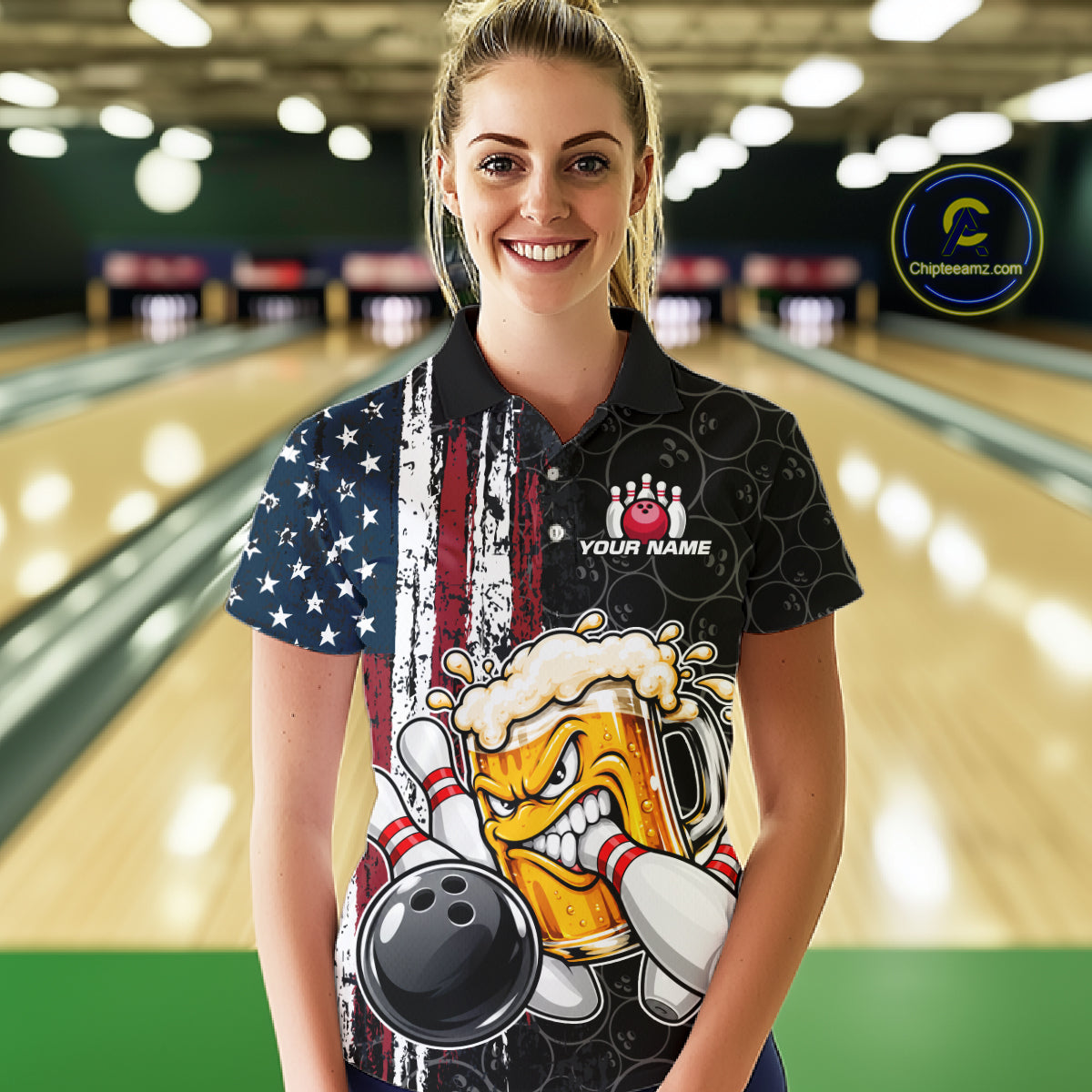 Vintage American Flag Funny Beer Bowling Shirts For Women Custom Patriotic Bowling Team Jersey TDM7963