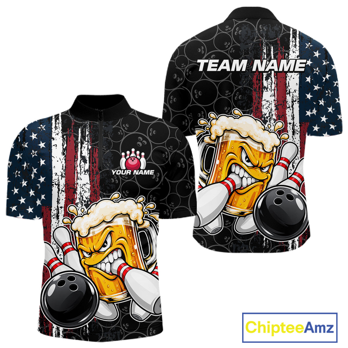 Vintage American Flag Funny Beer Bowling Shirts For Men Custom Patriotic Bowling Team Jersey TDM7963