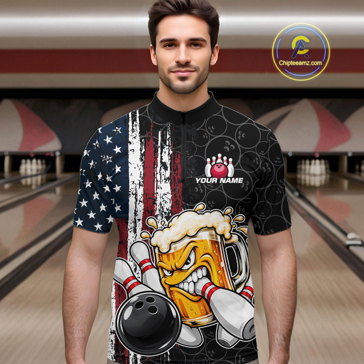 Vintage American Flag Funny Beer Bowling Shirts For Men Custom Patriotic Bowling Team Jersey TDM7963