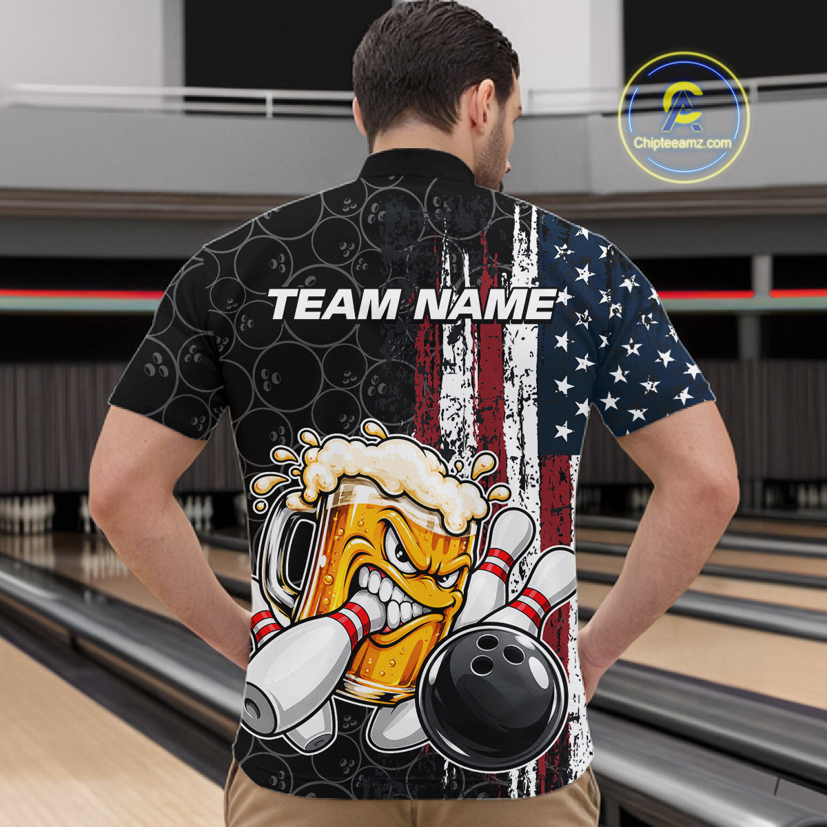 Vintage American Flag Funny Beer Bowling Shirts For Men Custom Patriotic Bowling Team Jersey TDM7963