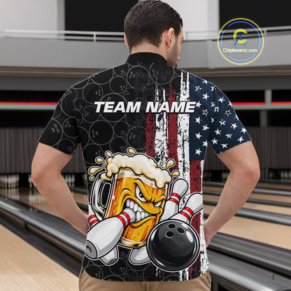 Vintage American Flag Funny Beer Bowling Shirts For Men Custom Patriotic Bowling Team Jersey TDM7963