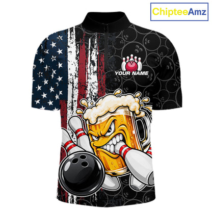 Vintage American Flag Funny Beer Bowling Shirts For Men Custom Patriotic Bowling Team Jersey TDM7963
