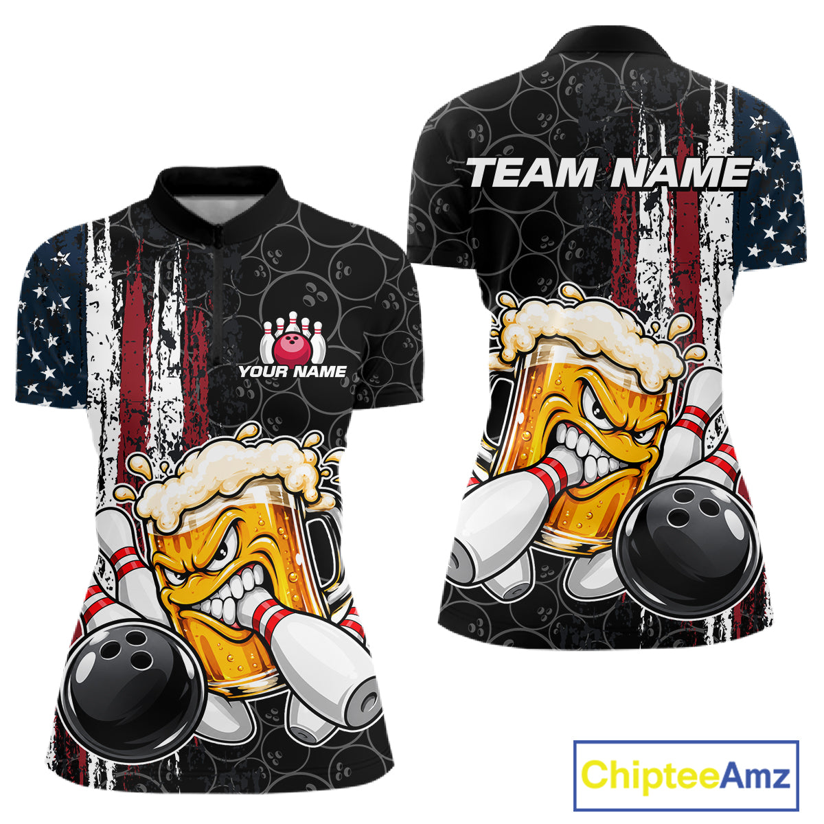 Vintage American Flag Funny Beer Bowling Shirts For Women Custom Patriotic Bowling Team Jersey TDM7963