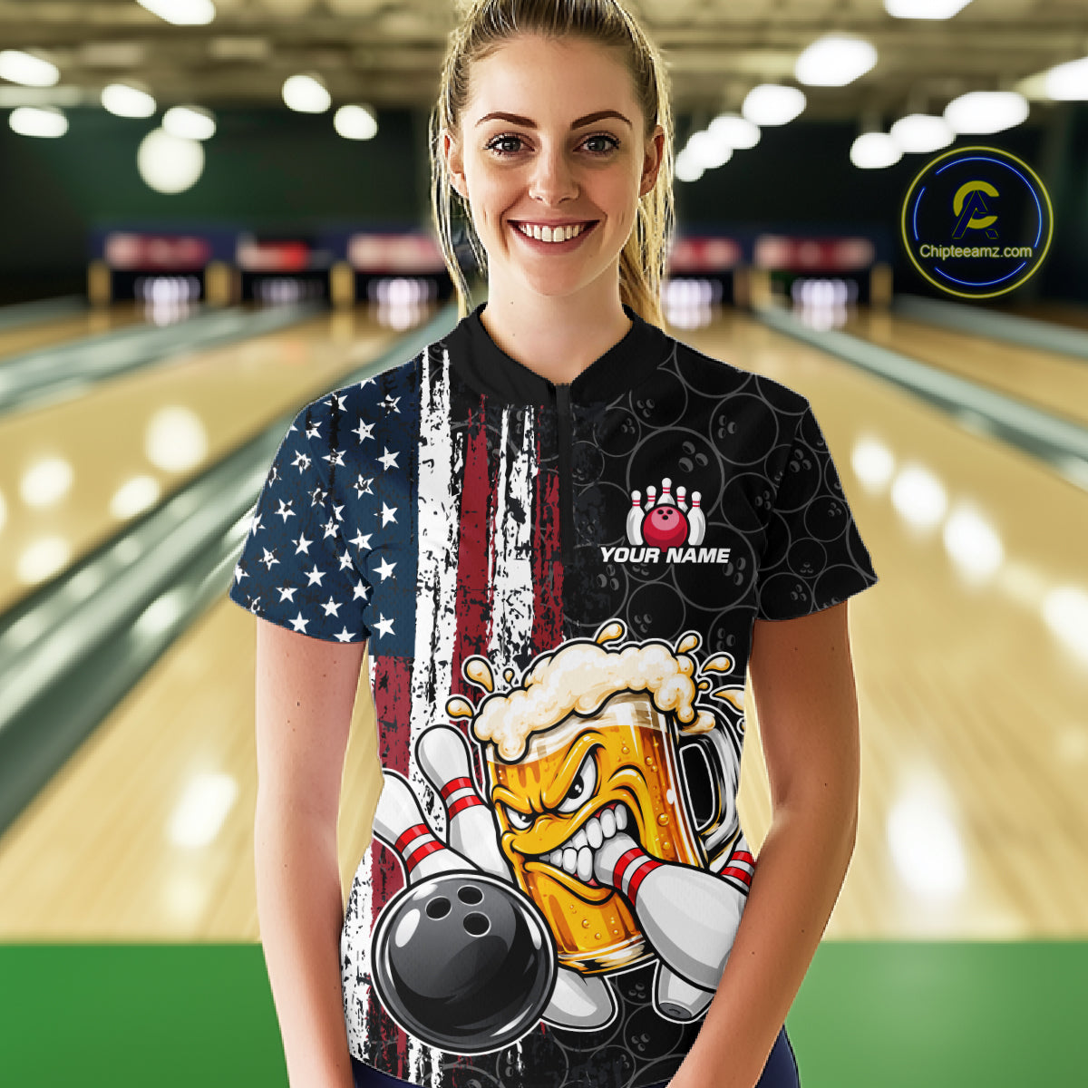 Vintage American Flag Funny Beer Bowling Shirts For Women Custom Patriotic Bowling Team Jersey TDM7963