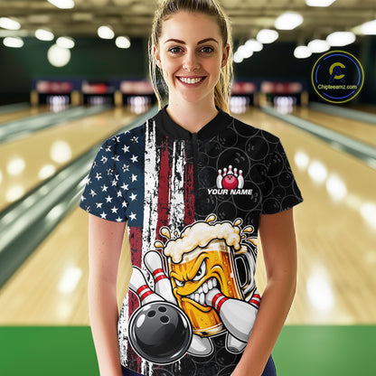 Vintage American Flag Funny Beer Bowling Shirts For Women Custom Patriotic Bowling Team Jersey TDM7963
