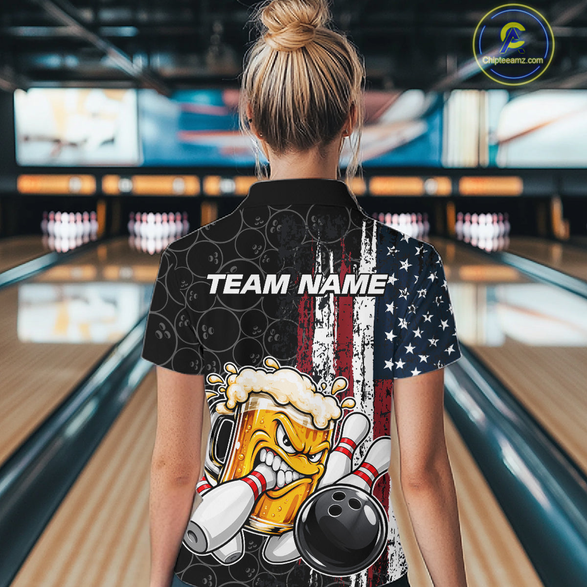 Vintage American Flag Funny Beer Bowling Shirts For Women Custom Patriotic Bowling Team Jersey TDM7963