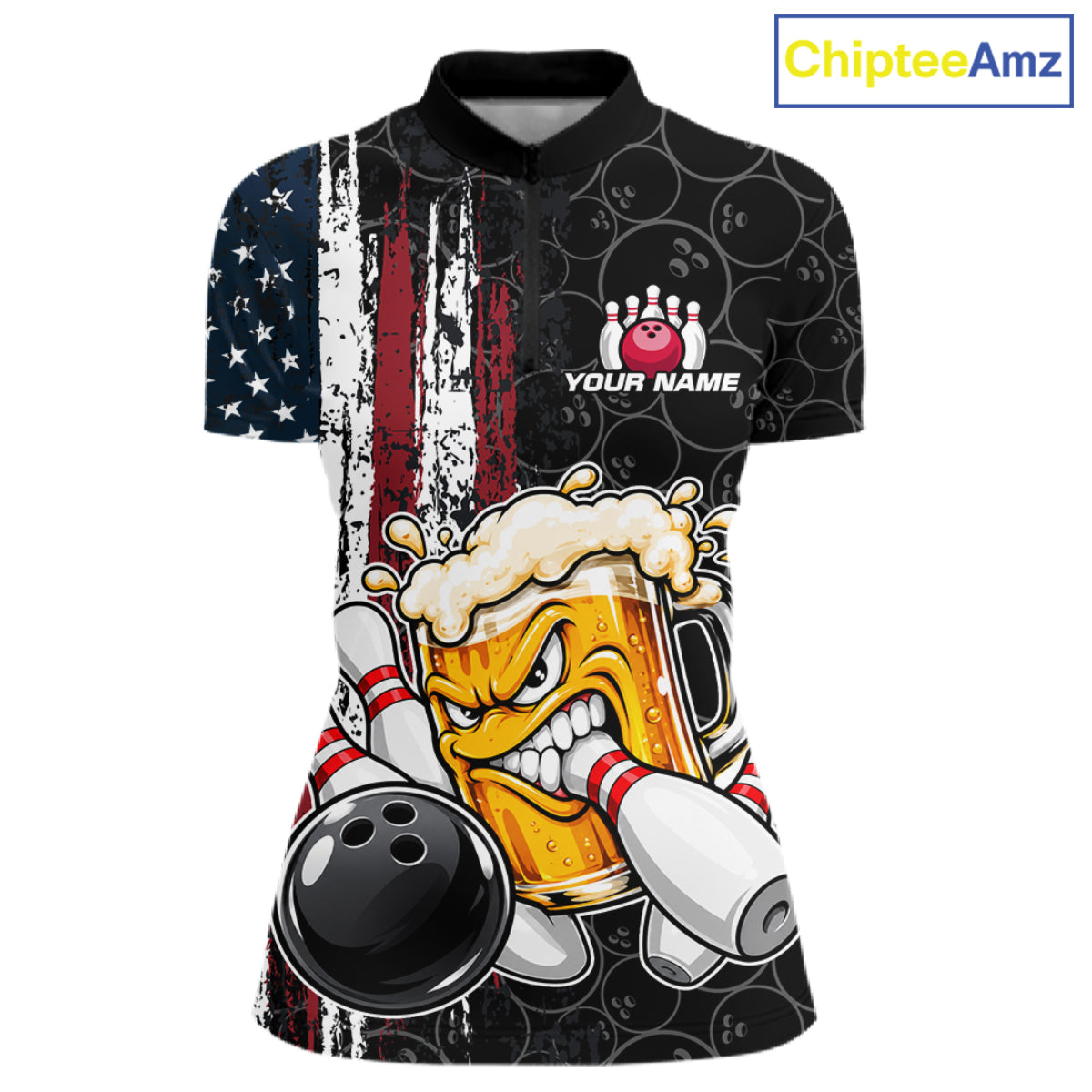 Vintage American Flag Funny Beer Bowling Shirts For Women Custom Patriotic Bowling Team Jersey TDM7963