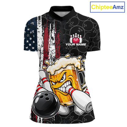 Vintage American Flag Funny Beer Bowling Shirts For Women Custom Patriotic Bowling Team Jersey TDM7963