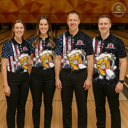 Vintage American Flag Funny Beer Bowling Shirts For Men Custom Patriotic Bowling Team Jersey TDM7963