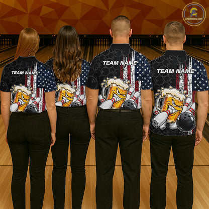 Vintage American Flag Funny Beer Bowling Shirts For Men Custom Patriotic Bowling Team Jersey TDM7963