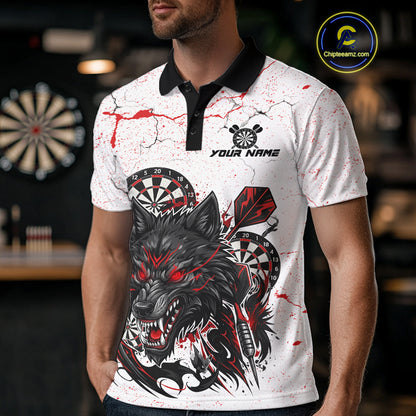 Personalized White Grunge Wolf Darts Shirt For Men Custom Darts Team Jersey Polo & 1/4 Zip| Red TDM5281