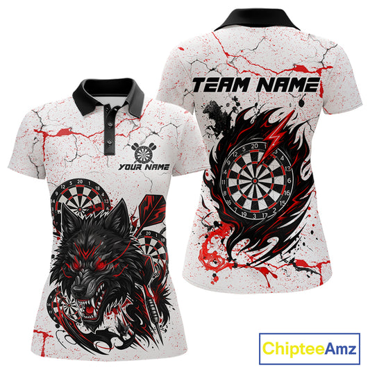 Personalized White Grunge Wolf Darts Shirt For Women Custom Darts Team Jersey Polo & 1/4 Zip| Red TDM5281