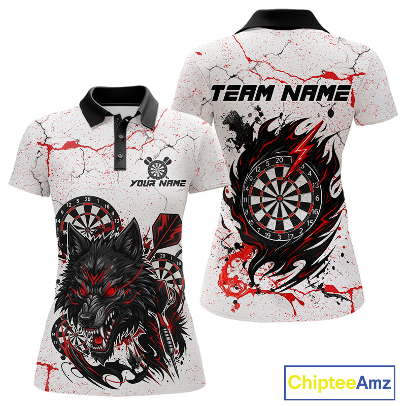 Personalized White Grunge Wolf Darts Shirt For Women Custom Darts Team Jersey Polo & 1/4 Zip| Red TDM5281