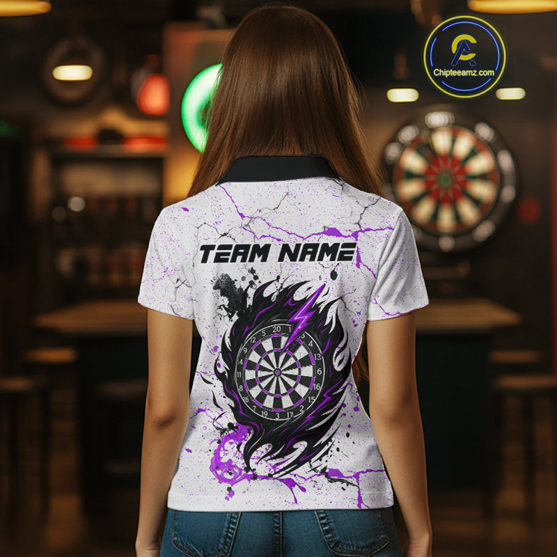 Personalized White Grunge Wolf Darts Shirt For Women Custom Darts Team Jersey Polo & 1/4 Zip|Purple TDM5282