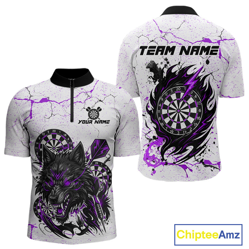 Personalized White Grunge Wolf Darts Shirt For Men Custom Darts Team Jersey Polo & 1/4 Zip|Purple TDM5282