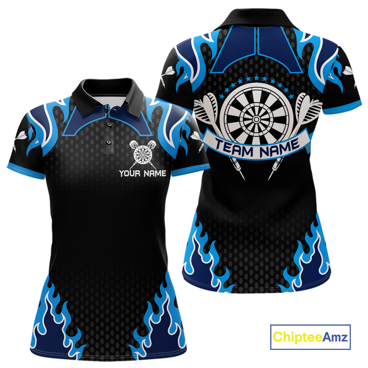 Black And Blue Flaming Darts Jersey Polo & Quarter Zip Custom Darts Team Shirt For Women TDM6146