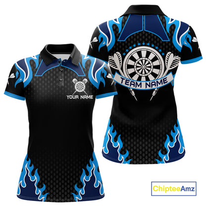 Black And Blue Flaming Darts Jersey Polo & Quarter Zip Custom Darts Team Shirt For Women TDM6146