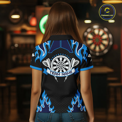 Black And Blue Flaming Darts Jersey Polo & Quarter Zip Custom Darts Team Shirt For Women TDM6146