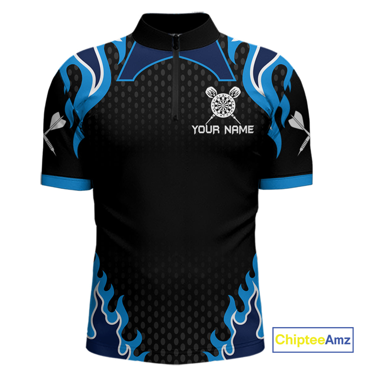Black And Blue Flaming Darts Jersey Polo & Quarter Zip Custom Darts Team Shirt For Men TDM6146