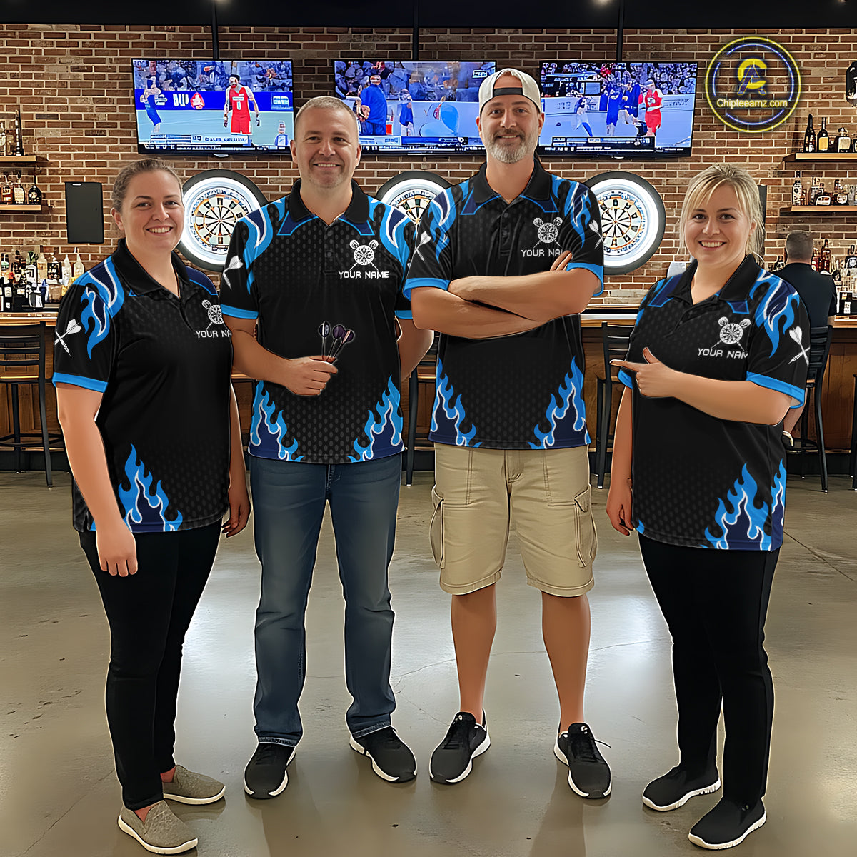 Black And Blue Flaming Darts Jersey Polo & Quarter Zip Custom Darts Team Shirt For Women TDM6146