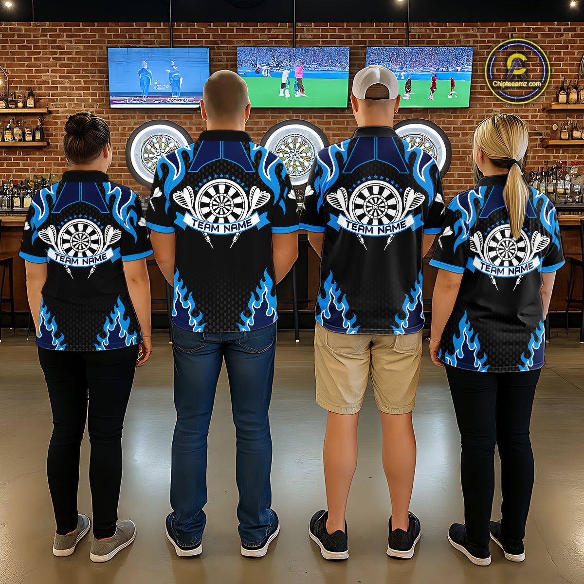 Black And Blue Flaming Darts Jersey Polo & Quarter Zip Custom Darts Team Shirt For Women TDM6146