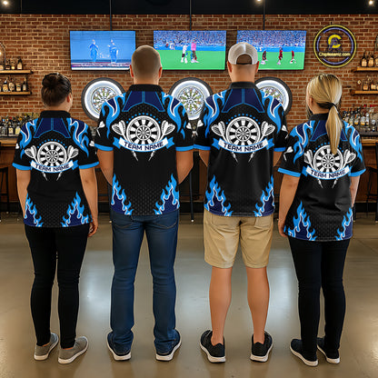 Black And Blue Flaming Darts Jersey Polo & Quarter Zip Custom Darts Team Shirt For Women TDM6146