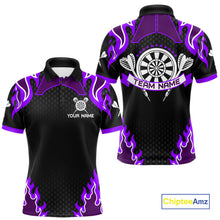 Load image into Gallery viewer, Black And Purple Flaming Darts Jersey Polo &amp; Quarter Zip Custom Darts Team Shirt For Men TDM6147