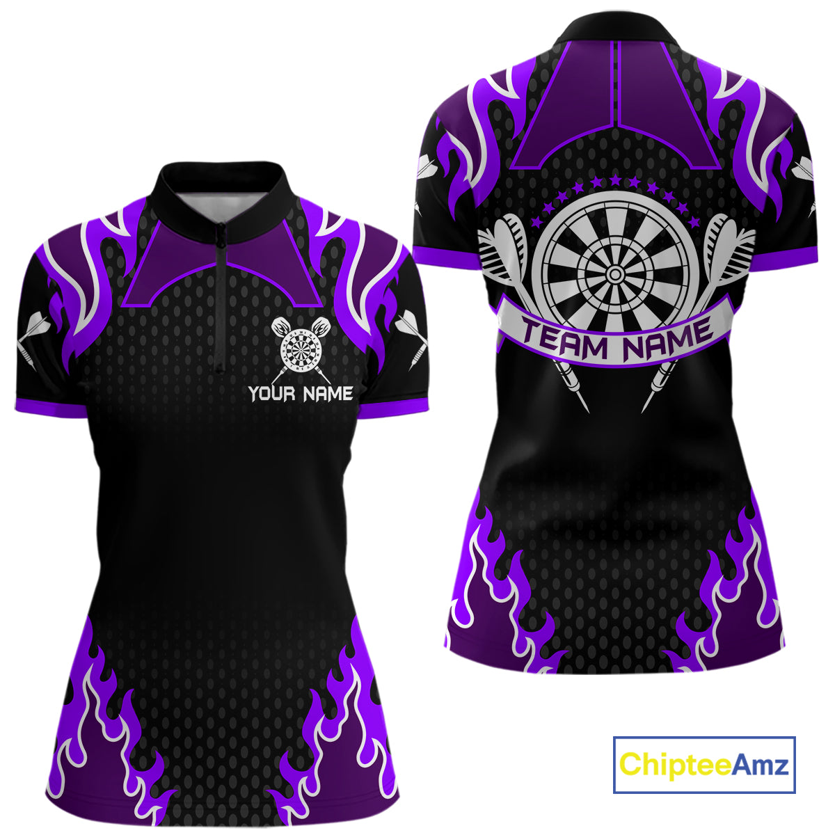 Black And Purple Flaming Darts Jersey Polo & Quarter Zip Custom Darts Team Shirt For Women TDM6147