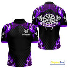 Load image into Gallery viewer, Black And Purple Flaming Darts Jersey Polo &amp; Quarter Zip Custom Darts Team Shirt For Men TDM6147